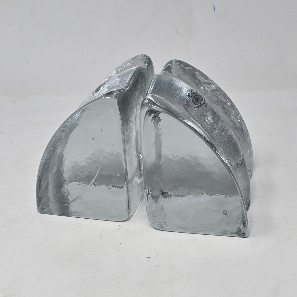 Vtg Y2K Blenko Glass "Glacier Ice Waterfall" bookends set of 2 clear Brutalist